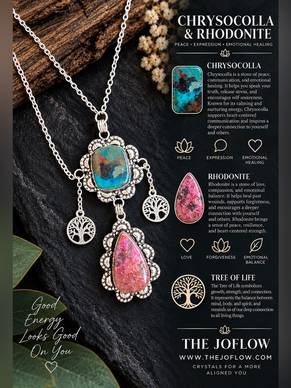 925 OMG AMAZING! Chrysocolla + Rhodonite Tree of Life Necklace